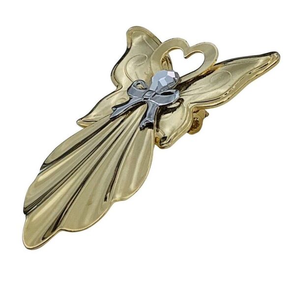 Vintage Jane Glass Crystal Gold Tone Heart Angel Brooch Pin Signed - Picture 2 of 7